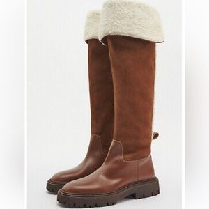 ZARA Over The Knee Leather Boots With Fleece Trim in Brown Size-40EU/10USA NWT
